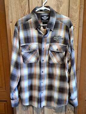 Harley-Davidson Men's Brown/Orange Plaid Flannel Shirt Size L